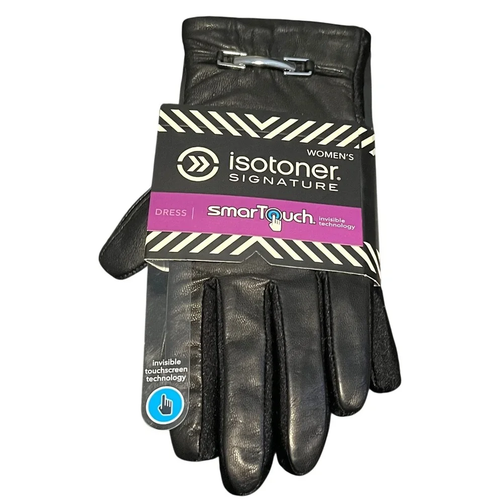 Isotoner Signature Women Black Leather SmarTouch Dress Gloves Silver Bar M/L NEW